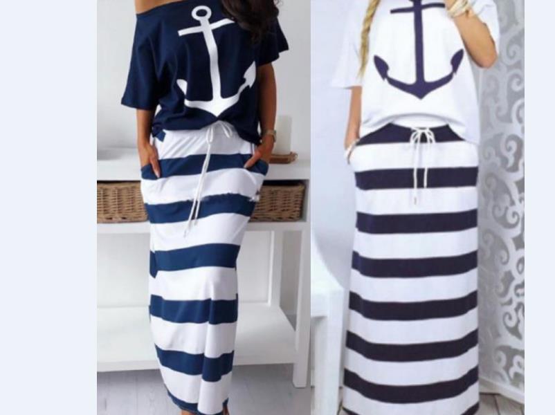 Mujeres Conjuntos de dos piezas Camiseta con estampado de ancla en barco y falda a rayas Faldas hasta los tobillos Moda Street Desgaste Faldas Maxi a rayas ocasionales