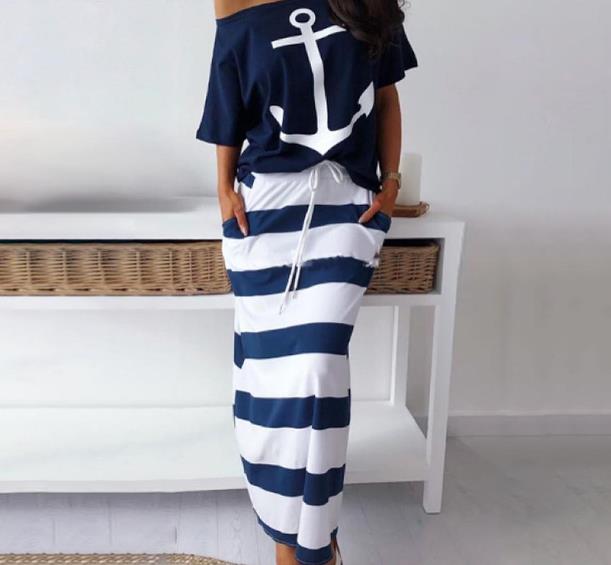 Mujeres Conjuntos de dos piezas Camiseta con estampado de ancla en barco y falda a rayas Faldas hasta los tobillos Moda Street Desgaste Faldas Maxi a rayas ocasionales