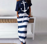 Mujeres Conjuntos de dos piezas Camiseta con estampado de ancla en barco y falda a rayas Faldas hasta los tobillos Moda Street Desgaste Faldas Maxi a rayas ocasionales