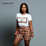 ANJAMANOR Piel de serpiente Imprimir Casual Sexy de dos piezas Set Top y pantalones Pantalones cortos de talla grande Conjuntos a juego Lindos Trajes de las mujeres D43-AC85