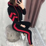 2019 Primavera Otoño Mujeres 2 Unidades Conjuntos Raya Empalme Sudadera Hasta el Tobillo Pantalones Harem Pantalones de gran tamaño Sudaderas con capucha Trajes