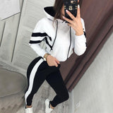 2019 Primavera Otoño Mujeres 2 Unidades Conjuntos Raya Empalme Sudadera Hasta el Tobillo Pantalones Harem Pantalones de gran tamaño Sudaderas con capucha Trajes