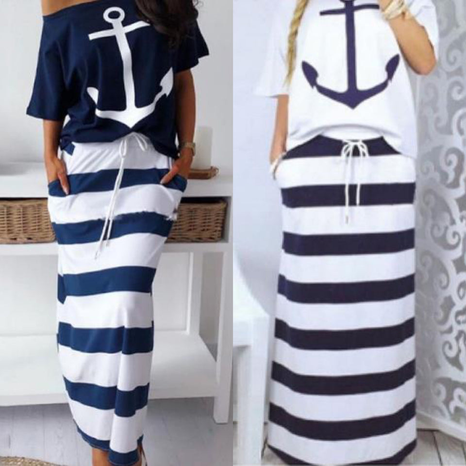 Mujeres Conjuntos de dos piezas Barco con estampado de ancla y falda a rayas Conjuntos Casual Hasta los tobillos Moda Off Off Hombro Falda a rayas maxi