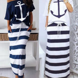 Mujeres Conjuntos de dos piezas Barco con estampado de ancla y falda a rayas Conjuntos Casual Hasta los tobillos Moda Off Off Hombro Falda a rayas maxi