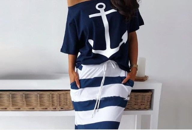 Mujeres Conjuntos de dos piezas Barco con estampado de ancla y falda a rayas Conjuntos Casual Hasta los tobillos Moda Off Off Hombro Falda a rayas maxi