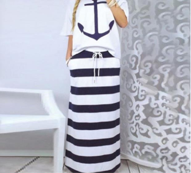 Mujeres Conjuntos de dos piezas Barco con estampado de ancla y falda a rayas Conjuntos Casual Hasta los tobillos Moda Off Off Hombro Falda a rayas maxi