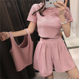 Conjunto de dos piezas Traje rosado Dos tops y pantalones Pantalones cortos sueltos Biker + Camiseta deportiva Conjunto de 3 piezas Chándal Ropa de verano para mujeres