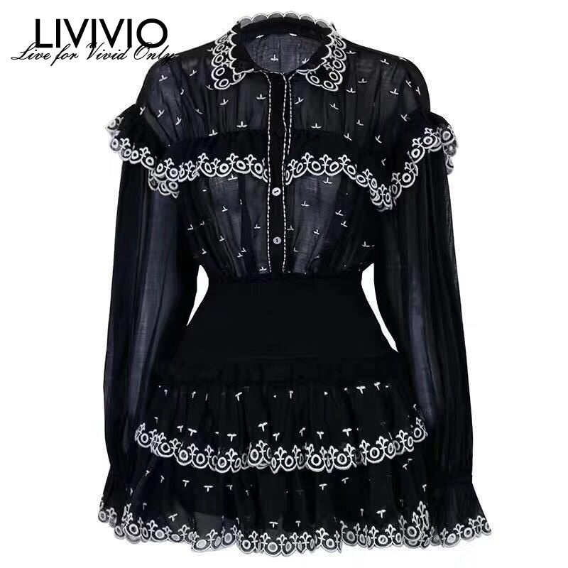 [LIVIVIO] Bordado Ruffle Patchwork Conjuntos de dos piezas Mujer Perspectiva Blusa de manga Camisas de cintura alta Mini faldas mujer Nueva