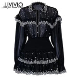 [LIVIVIO] Bordado Ruffle Patchwork Conjuntos de dos piezas Mujer Perspectiva Blusa de manga Camisas de cintura alta Mini faldas mujer Nueva