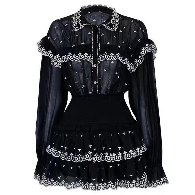 [LIVIVIO] Bordado Ruffle Patchwork Conjuntos de dos piezas Mujer Perspectiva Blusa de manga Camisas de cintura alta Mini faldas mujer Nueva