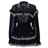 [LIVIVIO] Bordado Ruffle Patchwork Conjuntos de dos piezas Mujer Perspectiva Blusa de manga Camisas de cintura alta Mini faldas mujer Nueva
