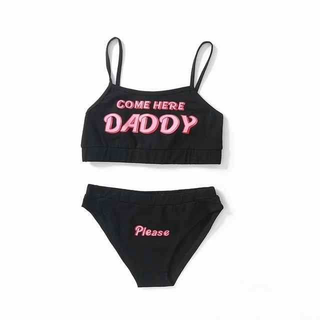 Conjunto de dos piezas Nueva moda VENGA AQUÍ DADDY Estampado sin mangas con estampado de letras Sexy sin mangas de verano Harajuku Kawaii recortada Bikini femenino