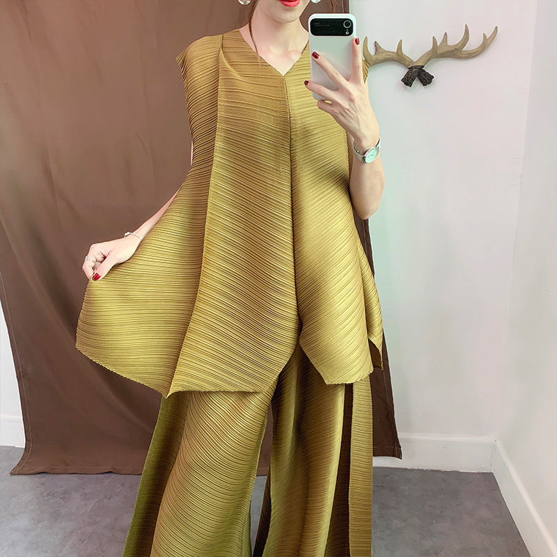 LANMREM 2019 Verano Nueva Moda Temperamento de Las Mujeres Sueltas Plus Casual Chaleco Sin Mangas Plisado Suelta Pantalones de Pierna Ancha Traje TC194