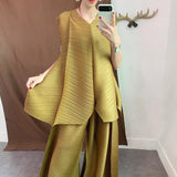 LANMREM 2019 Verano Nueva Moda Temperamento de Las Mujeres Sueltas Plus Casual Chaleco Sin Mangas Plisado Suelta Pantalones de Pierna Ancha Traje TC194