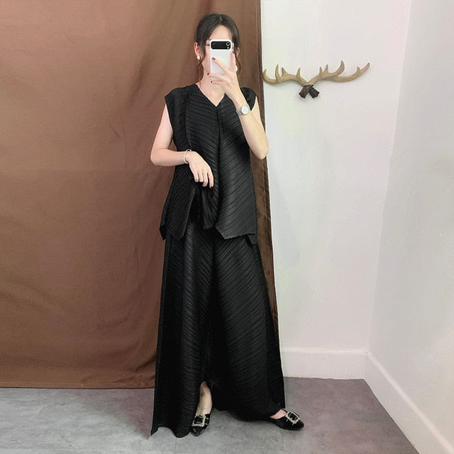 LANMREM 2019 Verano Nueva Moda Temperamento de Las Mujeres Sueltas Plus Casual Chaleco Sin Mangas Plisado Suelta Pantalones de Pierna Ancha Traje TC194