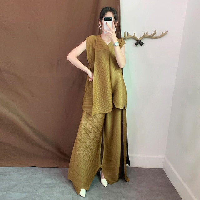 LANMREM 2019 Verano Nueva Moda Temperamento de Las Mujeres Sueltas Plus Casual Chaleco Sin Mangas Plisado Suelta Pantalones de Pierna Ancha Traje TC194