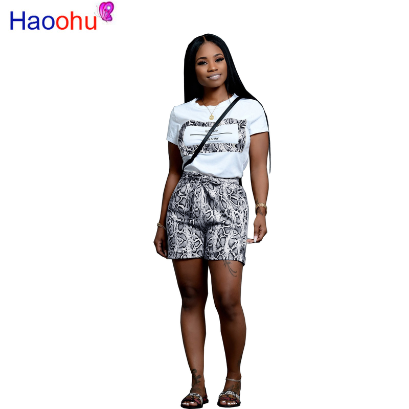 HAOOHU 2019 moda Ocio Carta Imprimir Mujeres Verano Short T Shirt y Snake-line pantalones cortos rectos sueltos 2 conjunto Trajes de Club