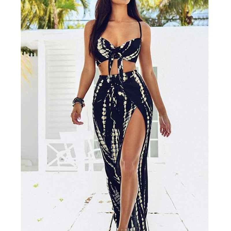 Nueva moda de verano Ropa de playa Mujer Tie Dye Nudo delantero Cami Top y raja Conjunto de falda