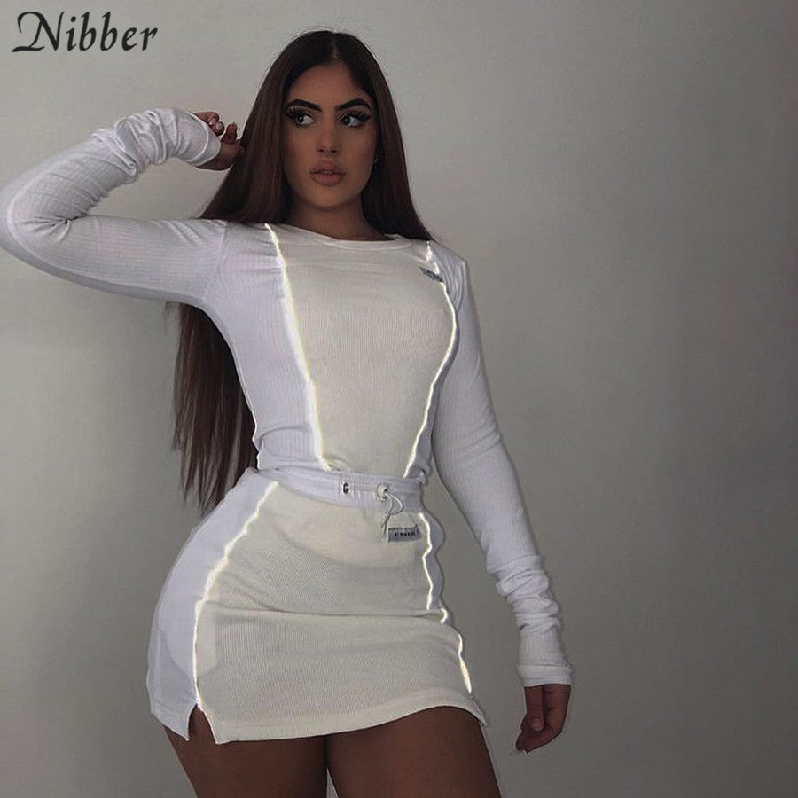 Nibber fashion Patchwork reflectante ropa deportiva 2 piezas conjuntos femme 2019new tops de tejer blanco mujeres camiseta mini camisas faldas trajes